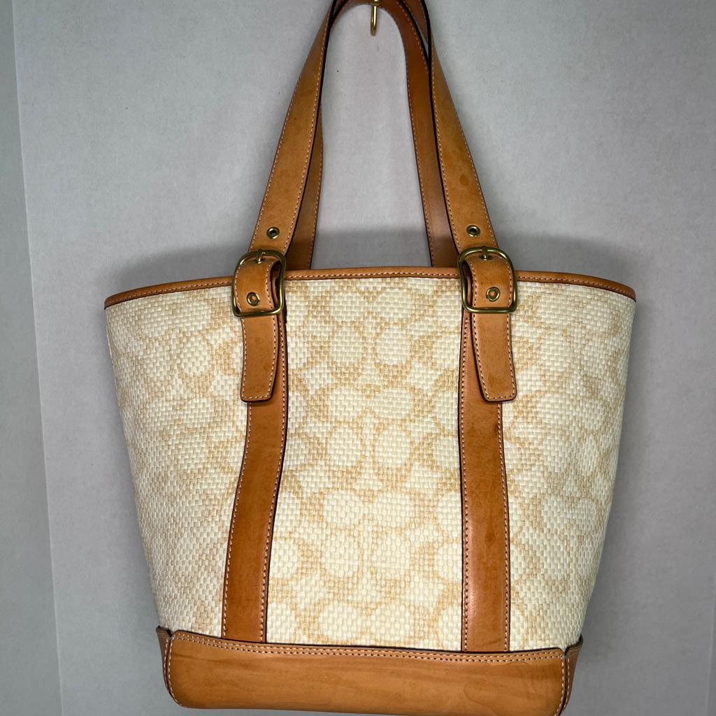 Coach Straw Tote Bag Leather Trim Tassel Zip Top Style 8926